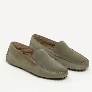 Olive Suede Shearling-Lined Slip-On Loafers - worn once